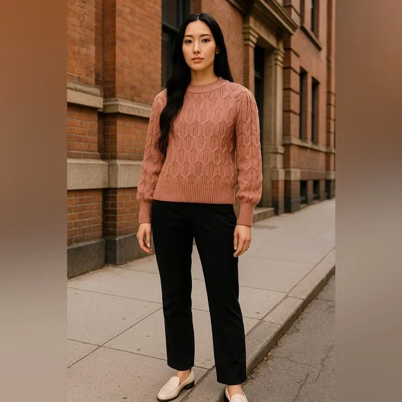 Express Rose Pink Cable Knit Puff Sleeve Sweater Size Medium NWT - Picture 2 of 3